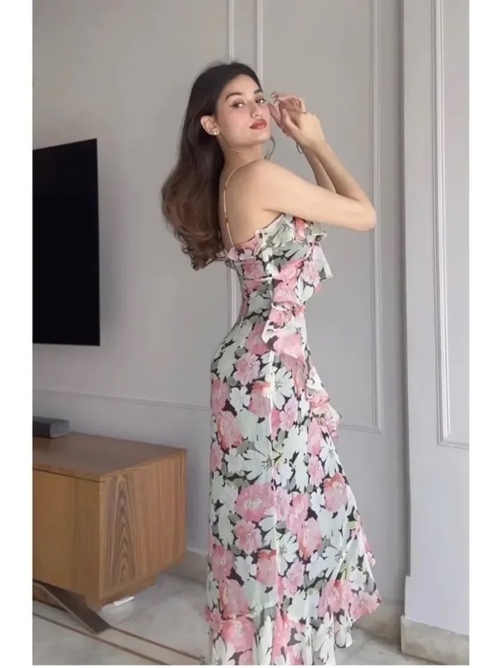 NEW ZARA Medium Floral Print Chiffon Tiered Ruffle Asymmetrical Hem Midi Dress - Picture 7 of 15